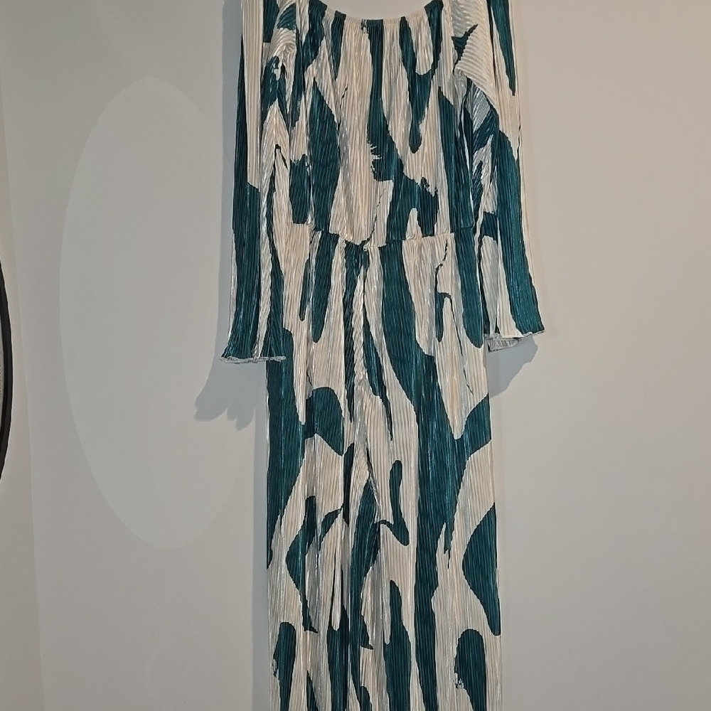 SHEIN White and Blue Resort Gown Jumpsuit